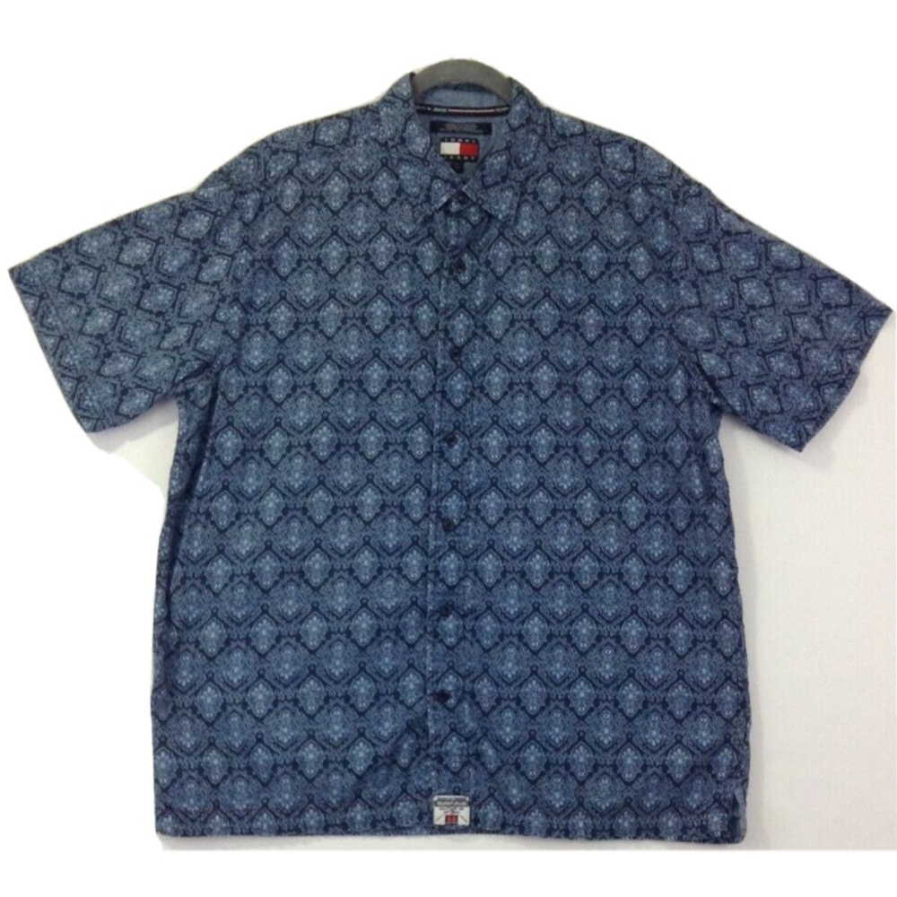 Tommy Hilfiger Jeans Men's Blue Short Sleeve Button Up Shirt Size Large